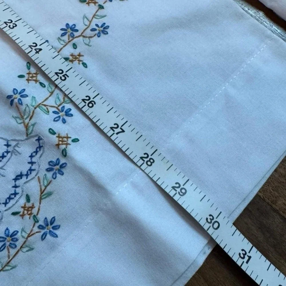 Embroidered cross stitched white pillowcase set of 2‎ w/ blue floral girl dress